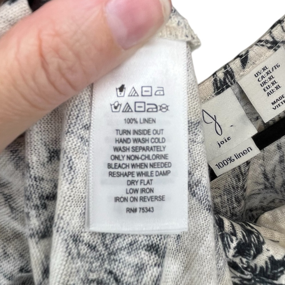 Joie Black and White Tropical Print Boxy Linen Relaxed Fit Cap Sleeve Tee Shirt - Picture 9 of 11